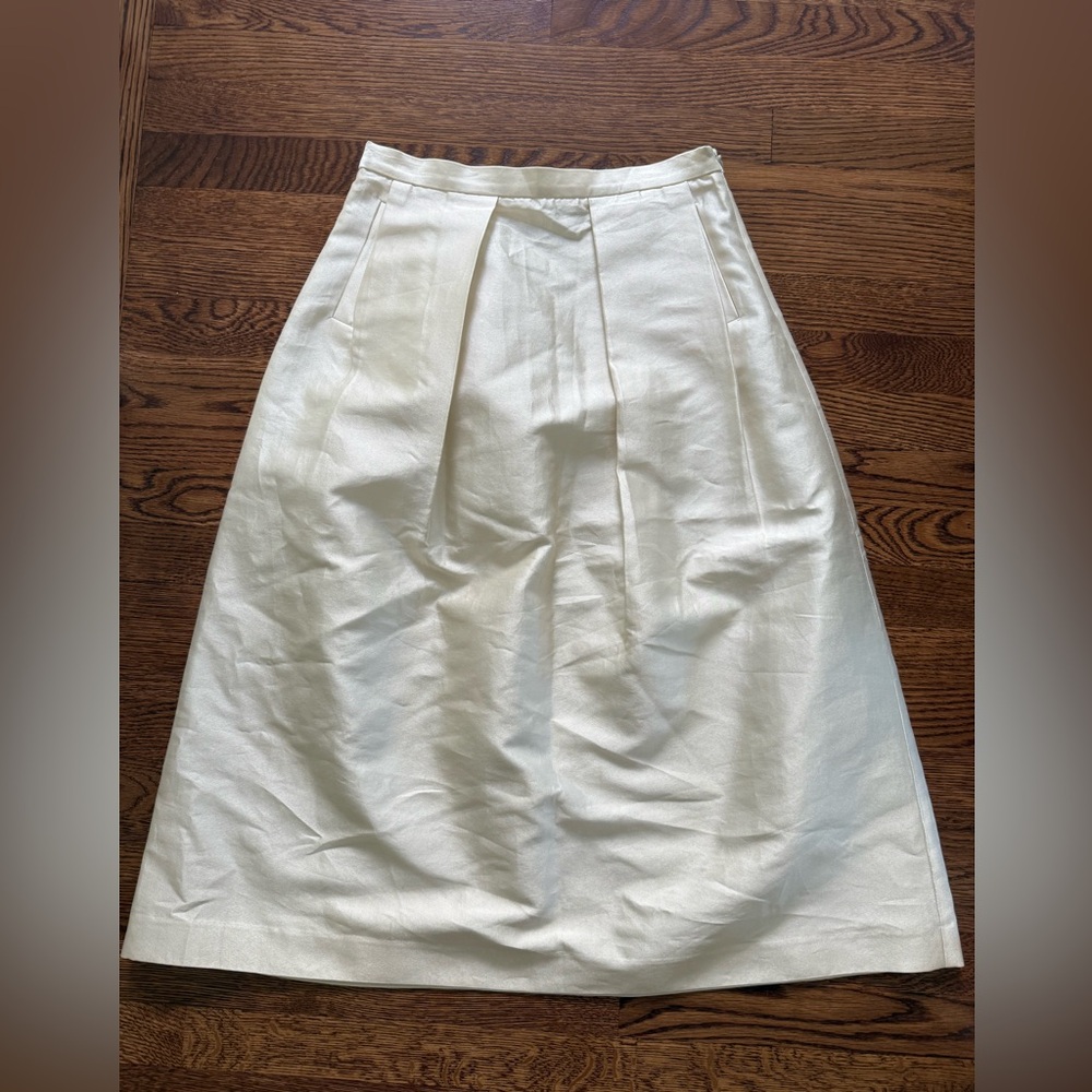 NIKKI CHASIN Pleated Silk‎ Cotton Midi Skirt Cream Pockets Luxury Designer 4